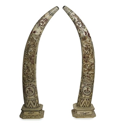 Lot 292 - Pair of Chinese Polychrome Bone Tusk-Form...