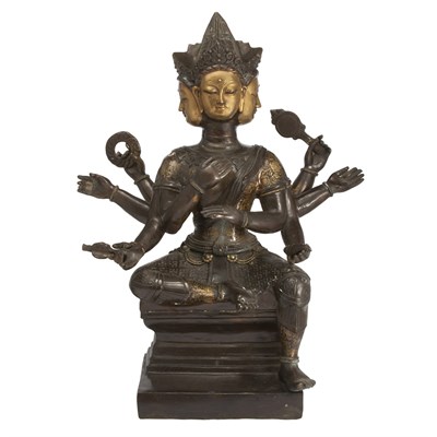 Lot 301 - Tibetan Gilt-Bronze and Lacquered Three-Headed...