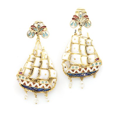 Lot 62 - Pair of Gold, Enamel and Freshwater Pearl Pendant-Earrings