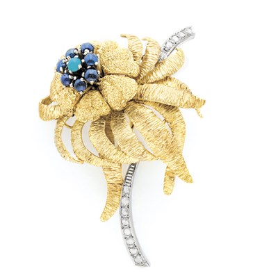 Lot 70 - Gold, Cabochon Sapphire, Diamond and Simulated Turquoise Flower Clip-Brooch