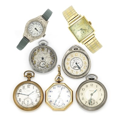 Lot 494 - Five Gold-Filled and Metal Open Face Pocket Watches and Two Gold Wristwatches