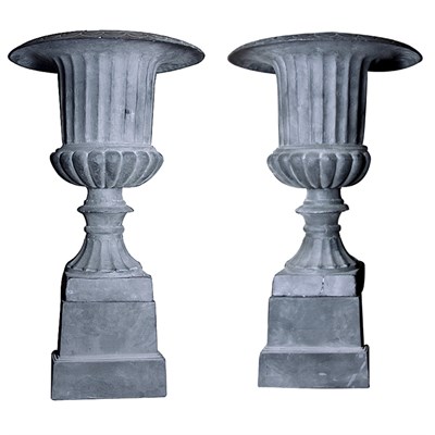 Lot 454 - Pair of Neoclassical Style Iron Garden Urns...