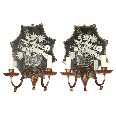Lot 503 - Pair of Patinated-Metal and Etched Mirror Back...