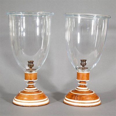 Lot 450 - Pair of Wood, Bone and Glass Hurricane Lamps...