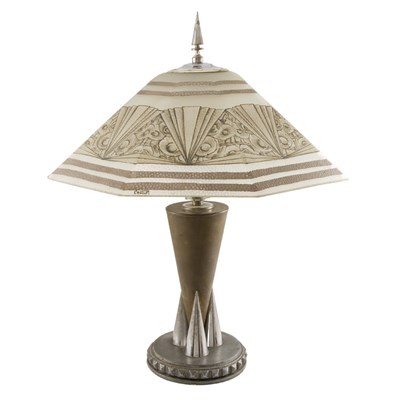 Lot 410 - French Art Deco Glass and Metal Two-Light Lamp...