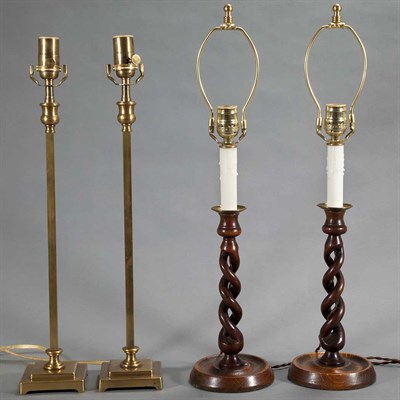Lot 302 - Pair of Brass Columnar Lamps Height 18 inches;...