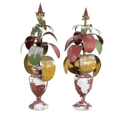 Lot 596 - Pair of Painted Wood Vases with Tole Plants...