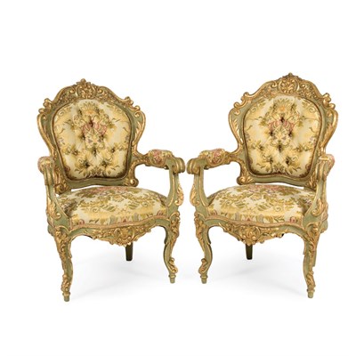 Lot 144 - Pair of Louis XV Style Parcel Gilt and Painted...