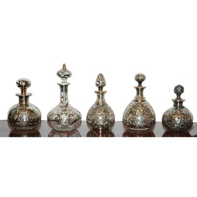 Lot 281 - Group of Five Silver Overlay Glass Perfume...