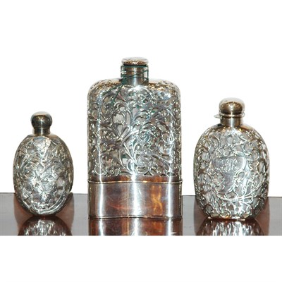Lot 280 - Group of Three Silver Overlay Glass Flasks