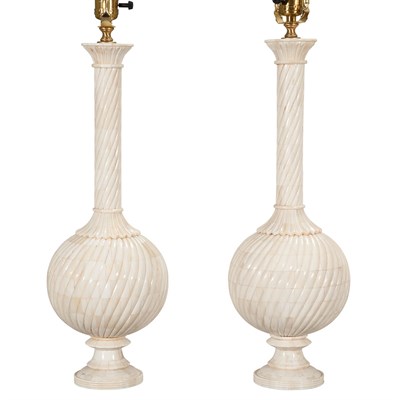 Lot 393 - Pair of Bone Veneered Lamps Height 20 inches.