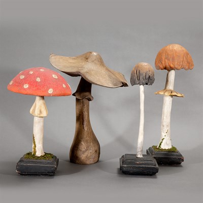 Lot 195 - Three Painted Wood and Gesso Mushrooms;...