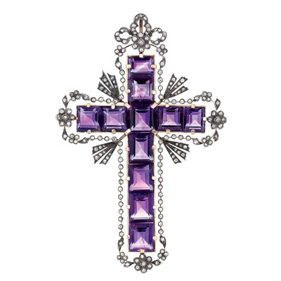 Lot 384 - Antique Silver, Gold, Amethyst and Diamond Cross Pendant