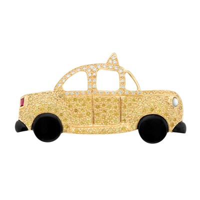 Lot 246 - Yellow Diamond, Diamond and Black Onyx Taxi Cab Clip-Brooch