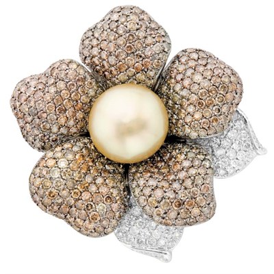 Lot 379 - Diamond, Colored Diamond and Golden Cultured Pearl Flower Brooch