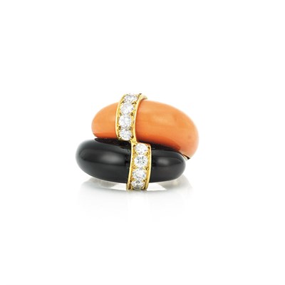 Lot 148 - Gold, Coral, Black Onyx and Diamond Bombe Ring, Piaget