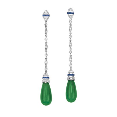 Lot 618 - Pair of Art Deco Platinum, Diamond, Sapphire and Jade Pendant-Earclips