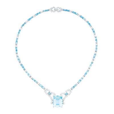 Lot 380 - Platinum, Palladium, Aquamarine and Diamond Necklace