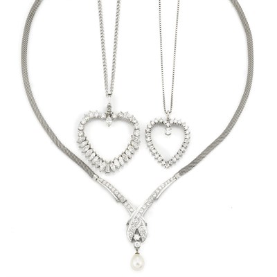 Lot 458 - Two Diamond Heart Pendants and White Gold, Diamond and Cultured Pearl Necklace