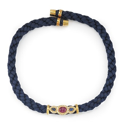 Lot 412 - Gold, Cabochon Ruby, Sapphire, Diamond and Woven Silk Cord Necklace, Bulgari