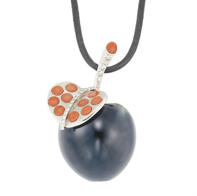 Lot 483 - White Gold, Black Onyx, Coral and Diamond Apple Pendant with Cord Necklace
