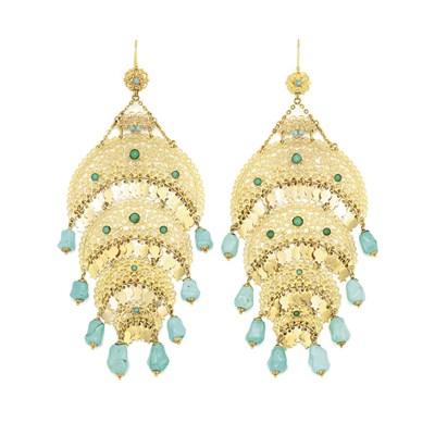 Lot 211 - Pair of Filigree Gold and Tumbled Turquoise Bead Pendant-Earrings
