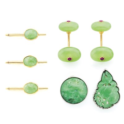 Lot 103 - Pair of Green Hardstone and Cabochon Ruby Cufflinks, Boucheron, and Jade Items