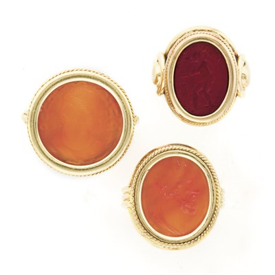 Lot 356 - Three Gold and Carnelian and Jasper Intaglio Rings