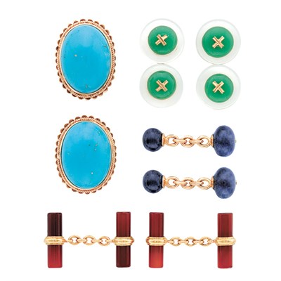 Lot 39 - Four Pairs of Gold and Stone Cufflinks