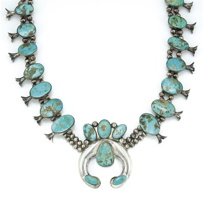 Lot 206 - Native American Silver and Turquoise Squash Blossom Necklace