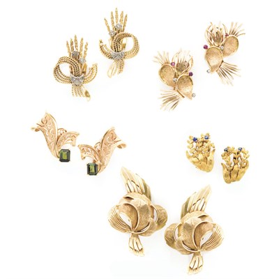 Lot 63 - Five Pairs of Gold, Gem-Set and Diamond Earclips