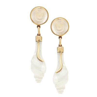 Lot 134 - Pair of Gold and Frosted Rock Crystal Pendant-Earclips, Lalaounis