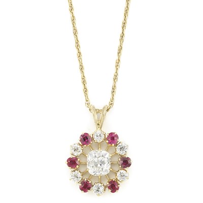 Lot 570 - Gold, Diamond and Ruby Pendant with Gold-Filled Chain