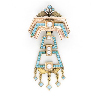 Lot 236 - Antique Gold, Turquoise and Split Pearl Brooch