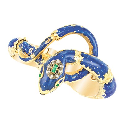 Lot 413 - Antique Gold, Enamel, Diamond and Gem-Set Snake Bangle Bracelet