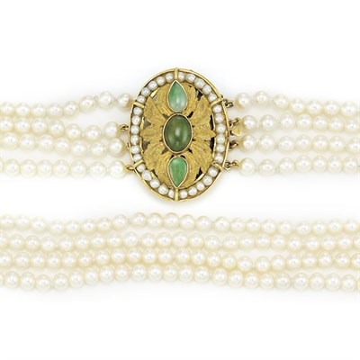 Lot 520 - Four Strand Freshwater Pearl Necklace with Gold, Jade and Cultured Pearl Clasp