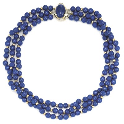 Lot 169 - Triple Strand Lapis and Gold Bead Necklace with Gold, Lapis and Diamond Clasp