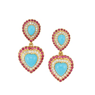 Lot 89 - Pair of Gold, Turquoise, Diamond and Ruby Pendant-Earclips