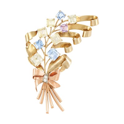 Lot 450 - Two-Color Gold and Multicolored Sapphire Brooch