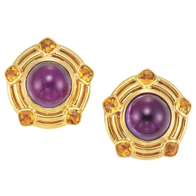 Lot 174 - Pair of Gold, Cabochon Amethyst and Citrine Earclips