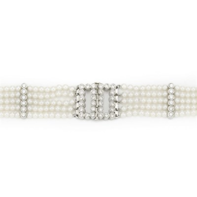 Lot 341 - Five Strand Cultured Pearl, White Gold and Diamond Choker Necklace