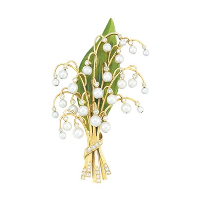 Lot 294 - Gold, Carved Nephrite, Cultured Pearl and Diamond Lily of the Valley Brooch