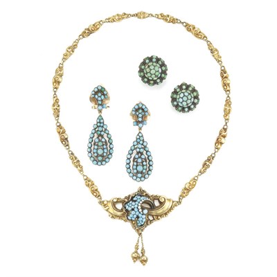 Lot 590 - Antique Gold and Turquoise Necklace and Two Pairs of Earclips