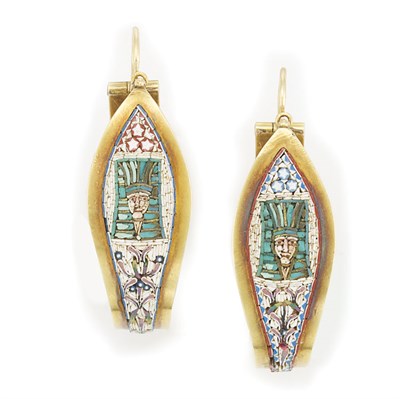Lot 214 - Pair of Egyptian Revival Gold and Micromosaic Hoop Earrings