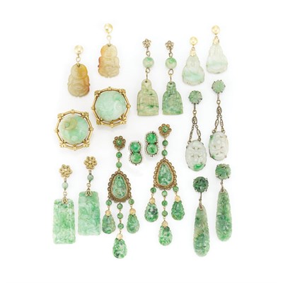 Lot 349 - Nine Pairs of Jade and Carved Jade Earrings