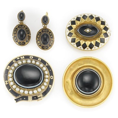 Lot 480 - Group of Bull's Eye Agate and Enamel Memorial Jewelry