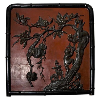 Lot 142 - Japanese Carved Wood and Lacquered Panel...