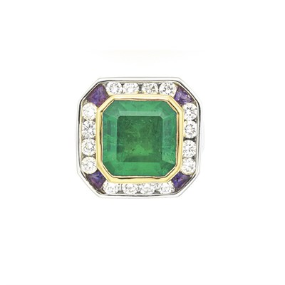 Lot 511 - Platinum, Gold, Emerald, Amethyst and Diamond Ring