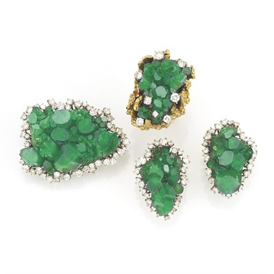 Lot 519 - Group of Gold, Synthetic Emerald Crystal and Diamond Jewelry