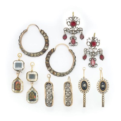 Lot 414 - Five Pairs of Antique Low Karat Gold, Silver, Gem-Set and Diamond Earrings